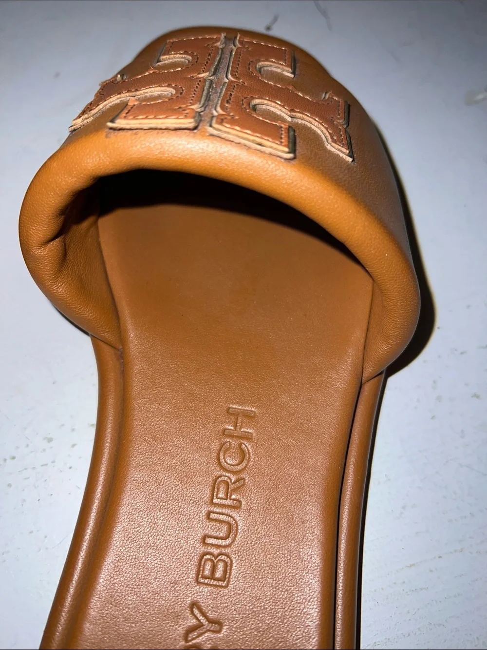 Tory Burch Tan Leather Logo Slide Sandals
